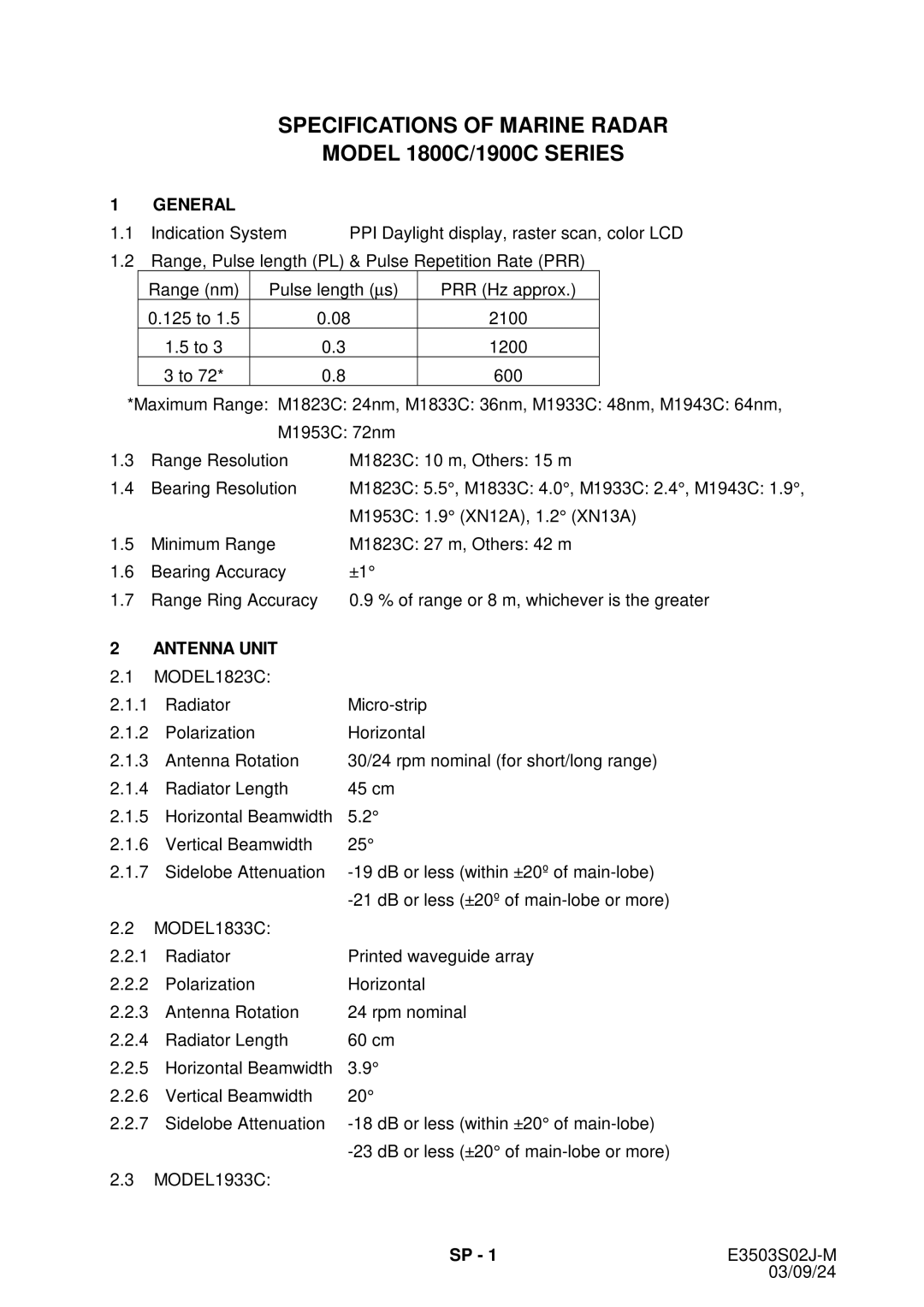 Furuno 1823C manual Specifications of Marine Radar Model 1800C/1900C Series 