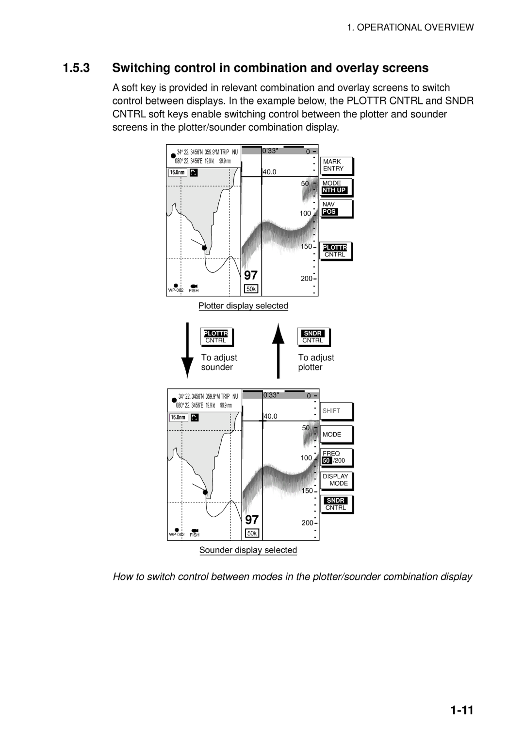 Furuno 1823C manual Switching control in combination and overlay screens, To adjust Sounder Plotter 