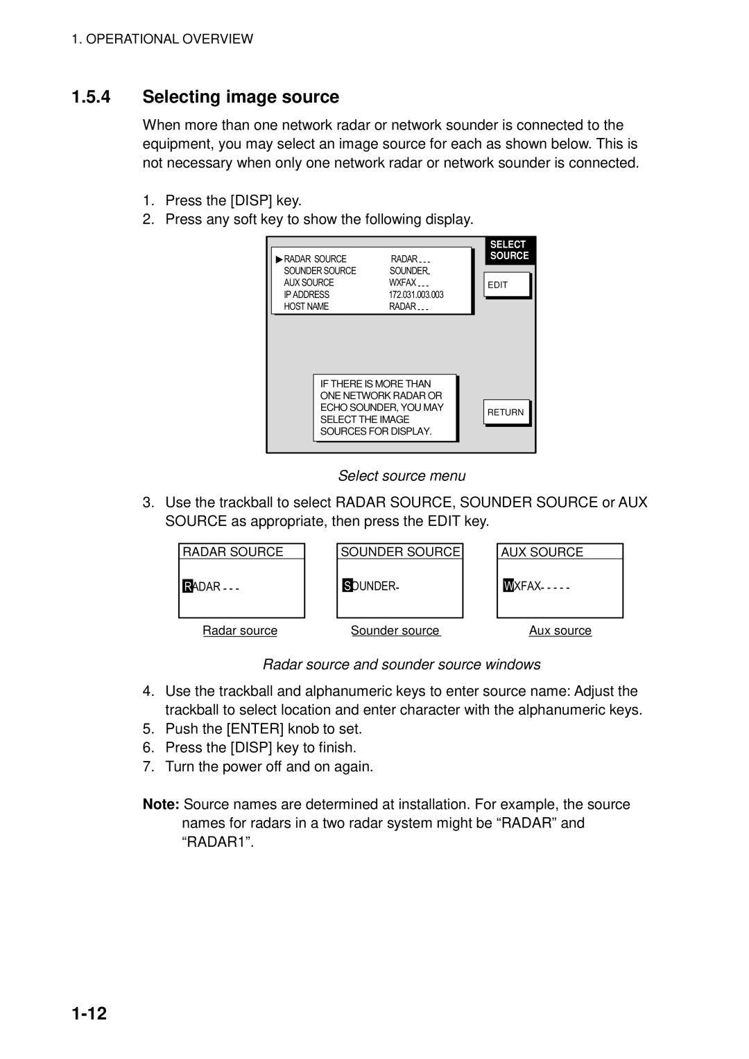 Furuno 1823C manual Selecting image source, Select source menu, Radar source and sounder source windows 