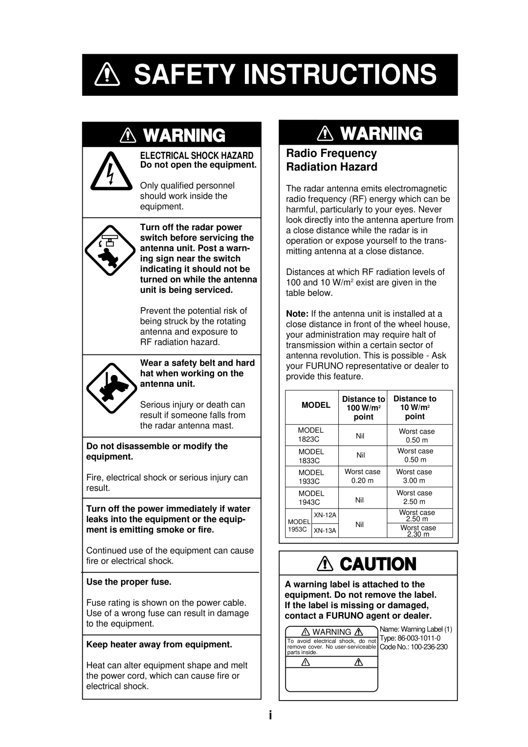 Furuno 1823C manual Safety Instructions 