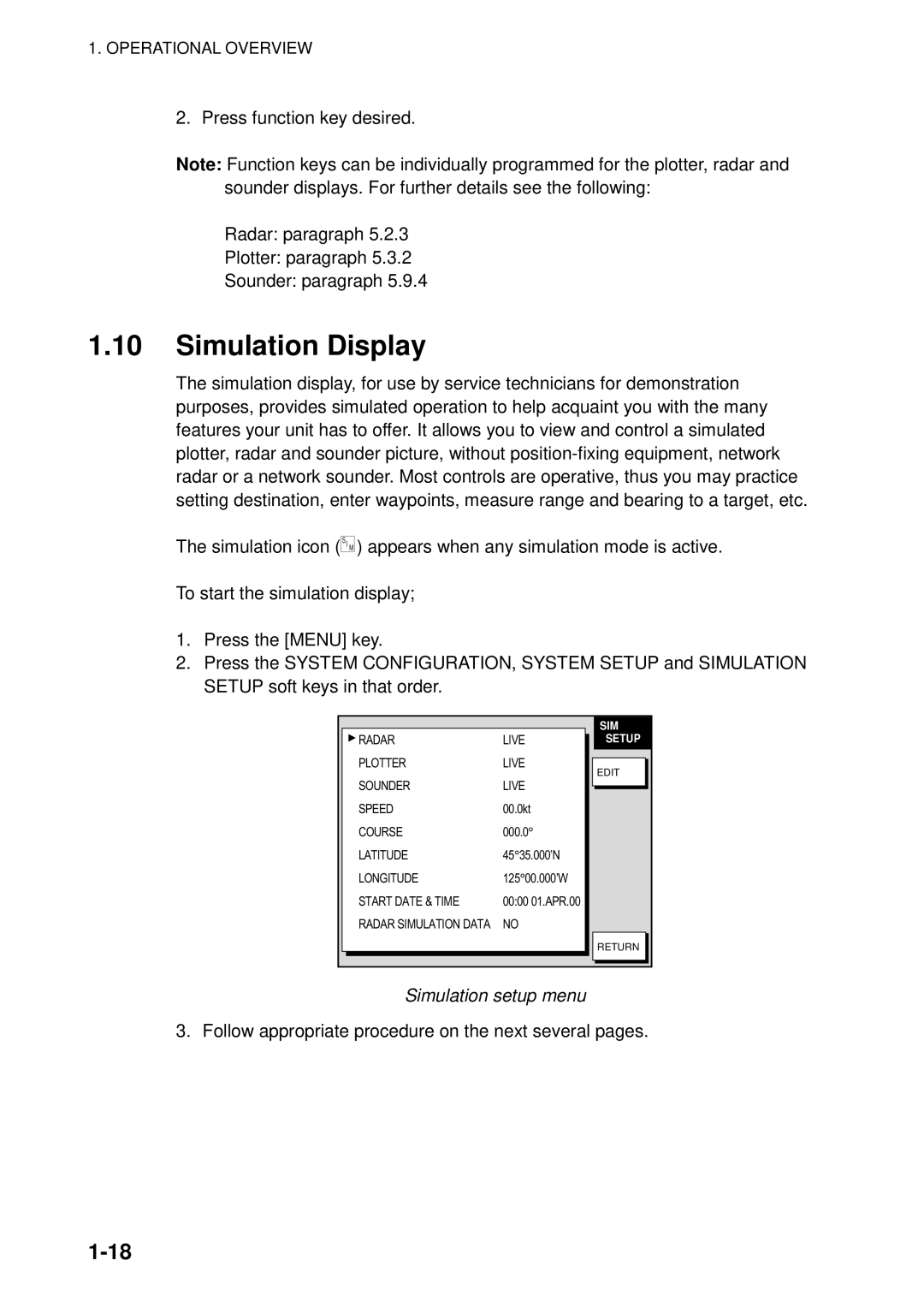 Furuno 1823C manual Simulation Display, Simulation setup menu 