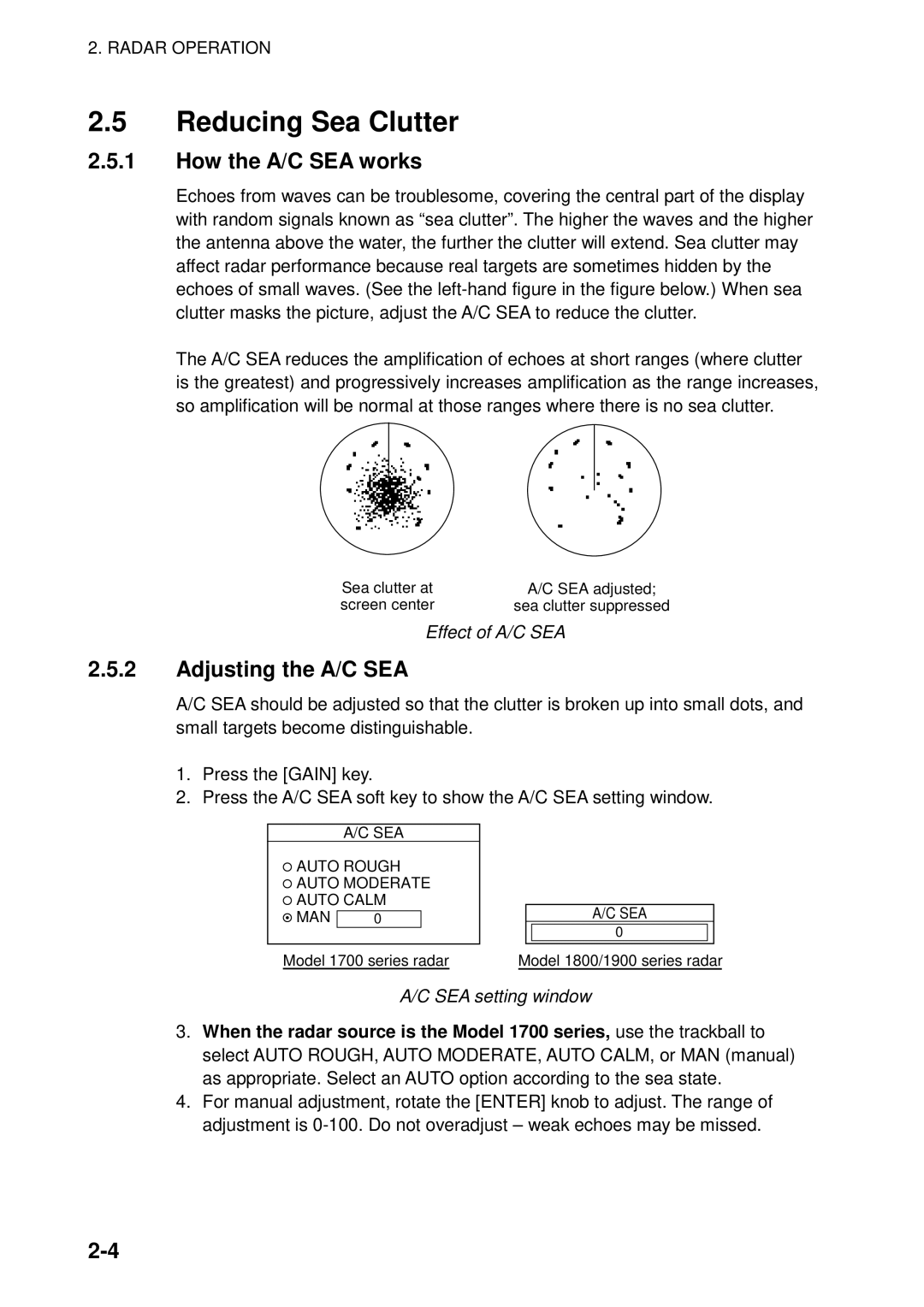 Furuno 1823C Reducing Sea Clutter, How the A/C SEA works, Adjusting the A/C SEA, Effect of A/C SEA, SEA setting window 