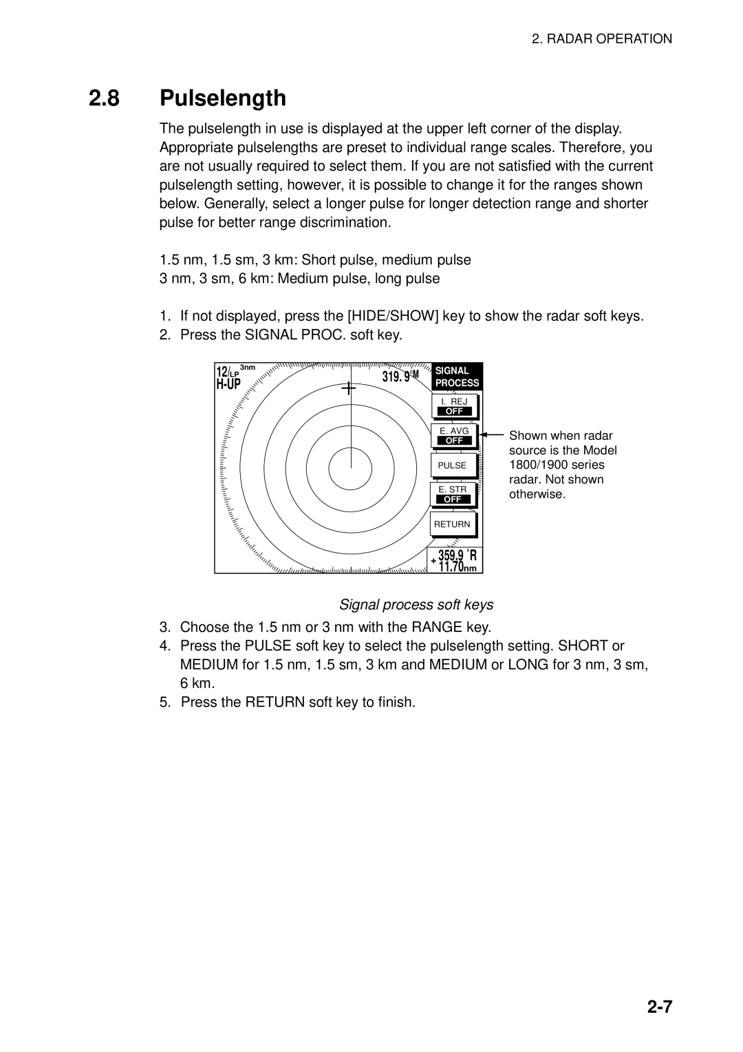 Furuno 1823C manual Pulselength, Signal process soft keys 