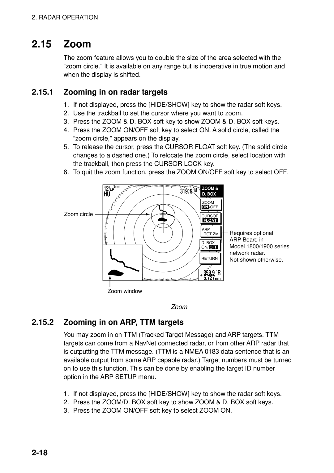 Furuno 1823C manual Zooming in on radar targets, Zooming in on ARP, TTM targets 