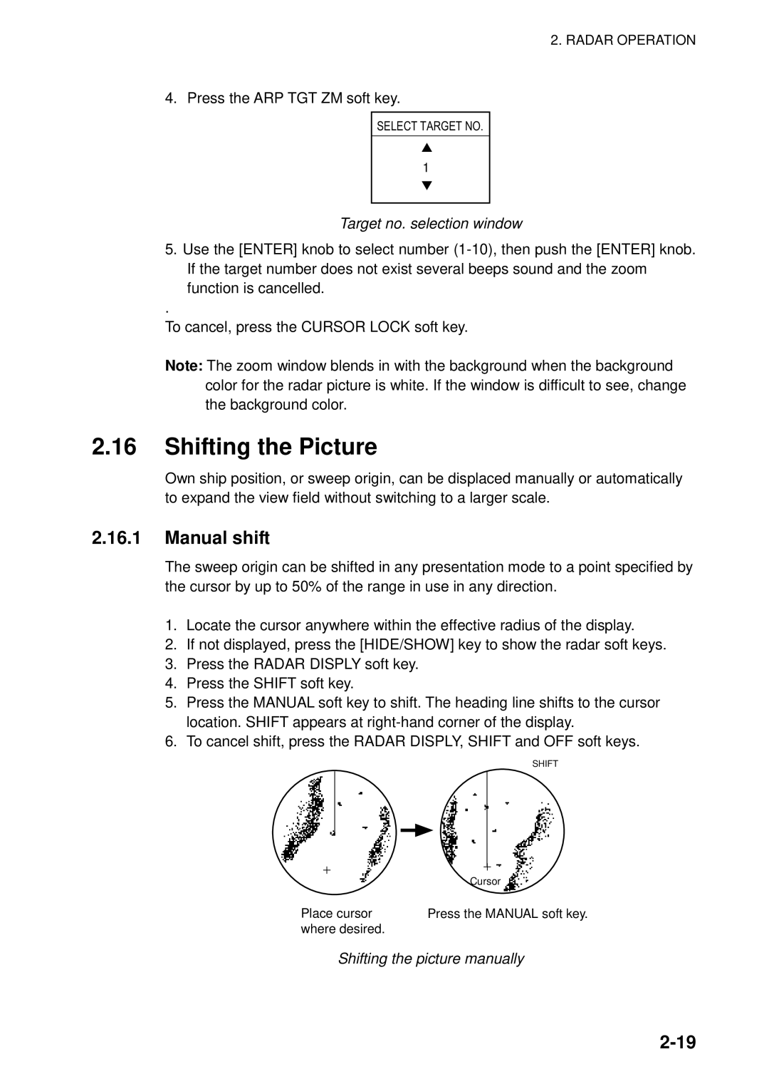 Furuno 1823C Shifting the Picture, Manual shift, Target no. selection window, Shifting the picture manually 