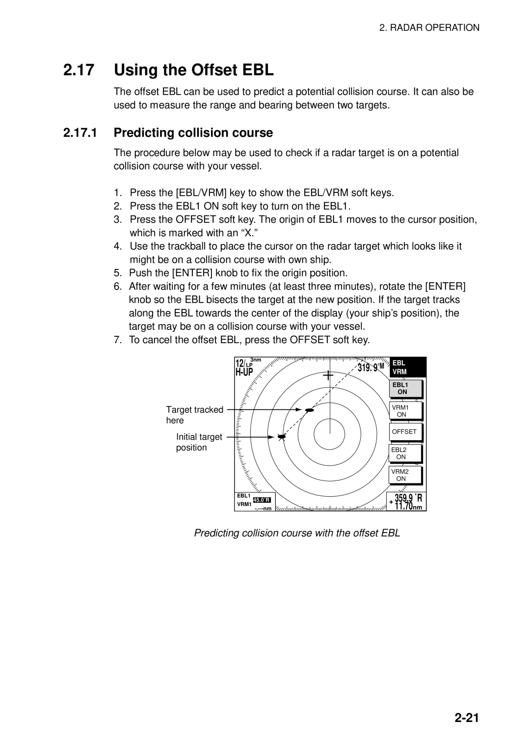 Furuno 1823C manual Using the Offset EBL, Predicting collision course with the offset EBL 