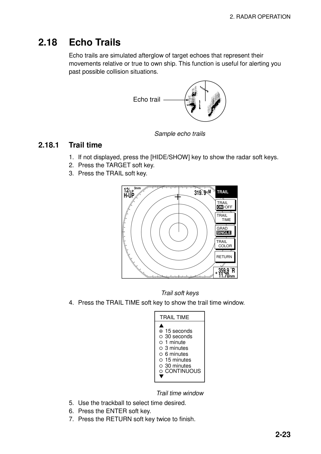 Furuno 1823C manual Echo Trails, Sample echo trails, Trail soft keys, Trail time window 