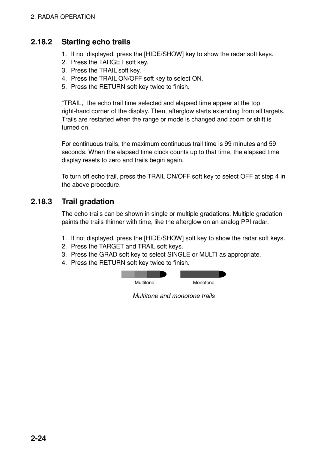 Furuno 1823C manual Starting echo trails, Trail gradation, Multitone and monotone trails 