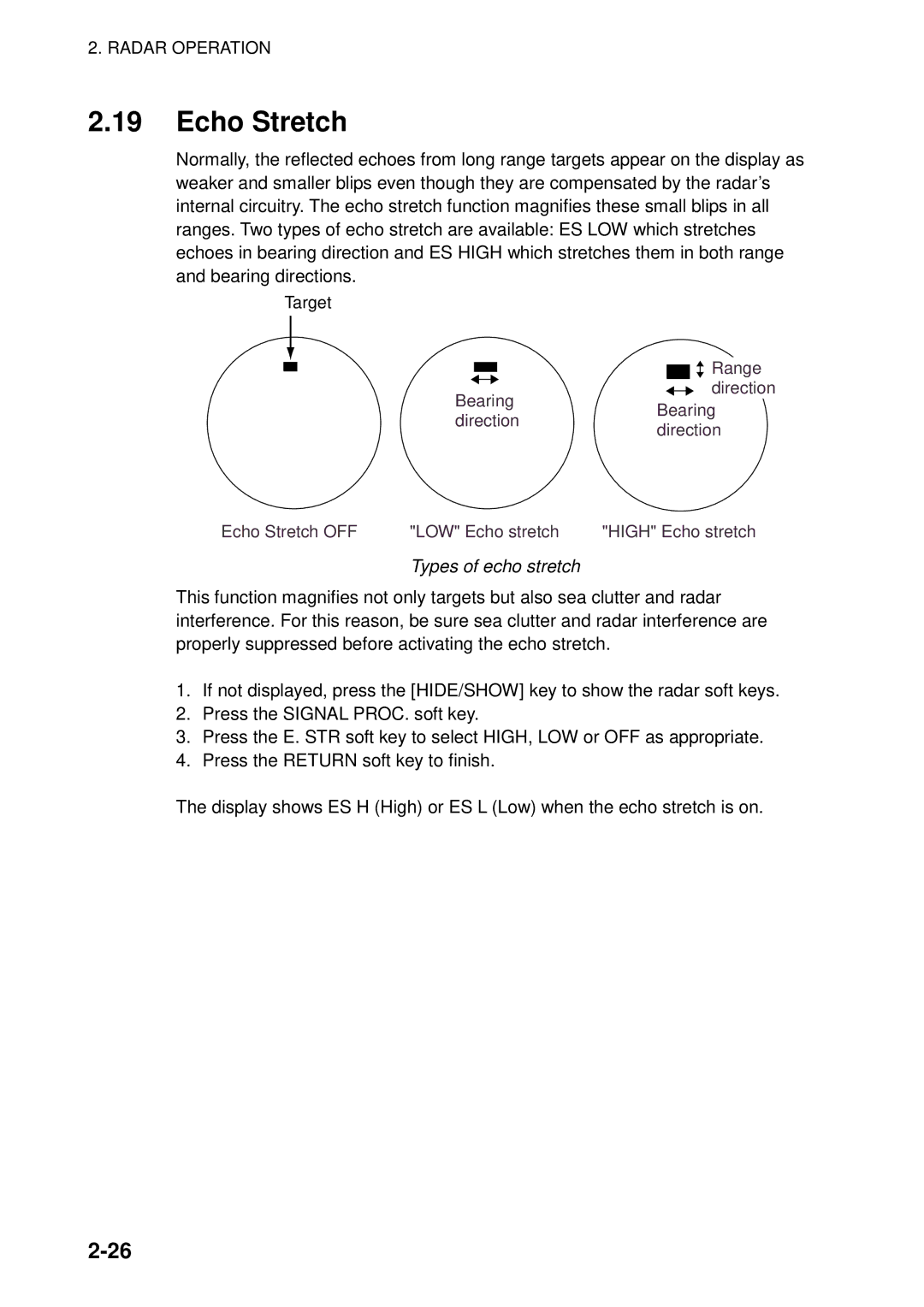 Furuno 1823C manual Echo Stretch, Types of echo stretch 