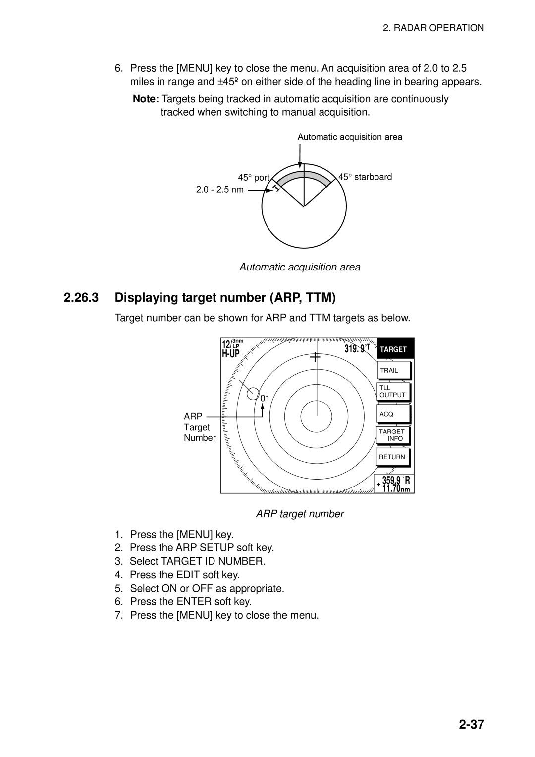 Furuno 1823C manual Displaying target number ARP, TTM, Automatic acquisition area, ARP target number 