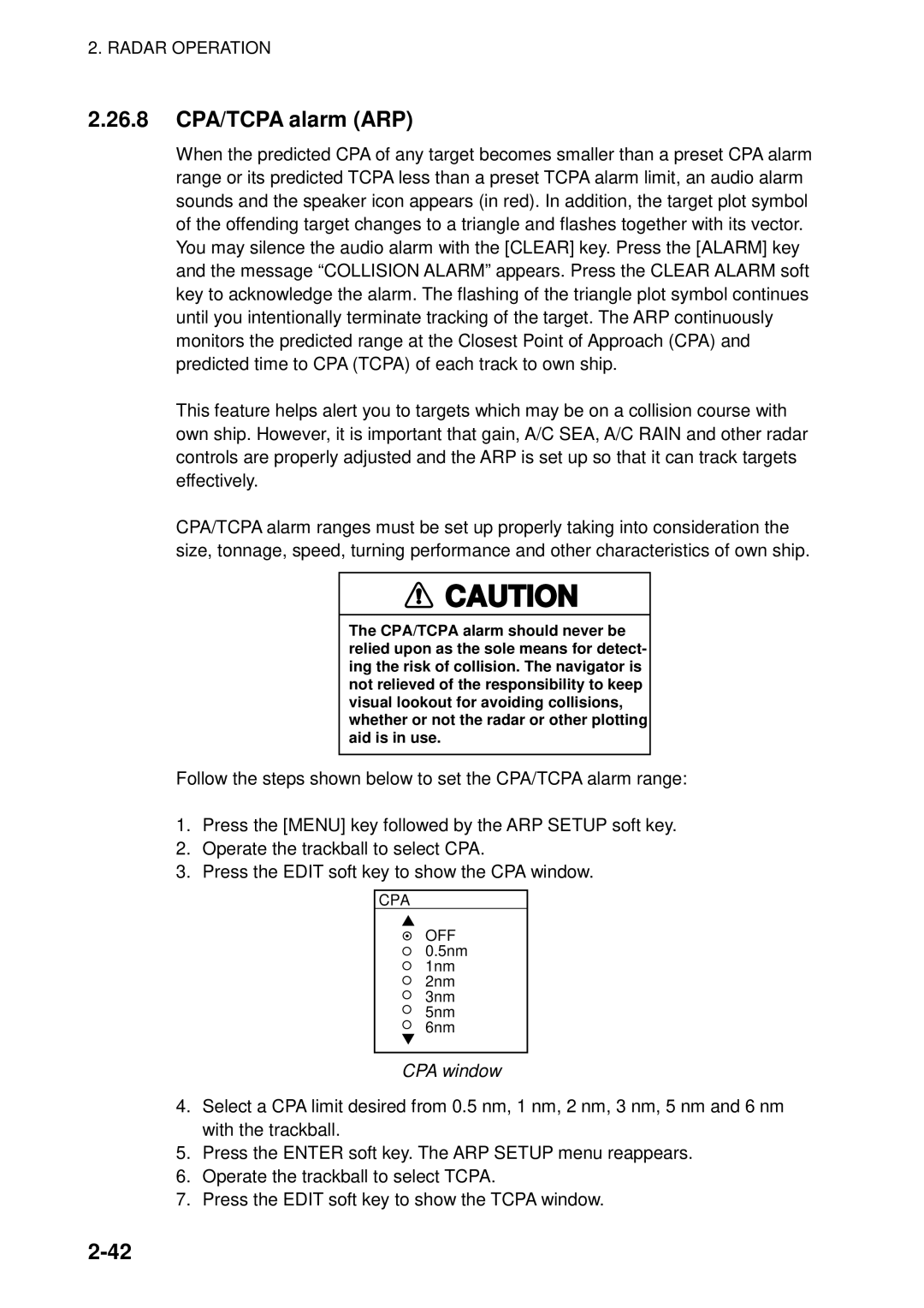 Furuno 1823C manual 26.8 CPA/TCPA alarm ARP, CPA window 