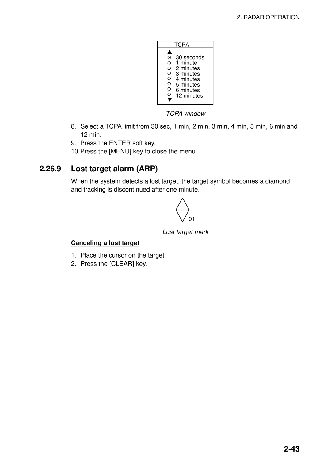 Furuno 1823C manual Lost target alarm ARP, Tcpa window, Lost target mark, Canceling a lost target 