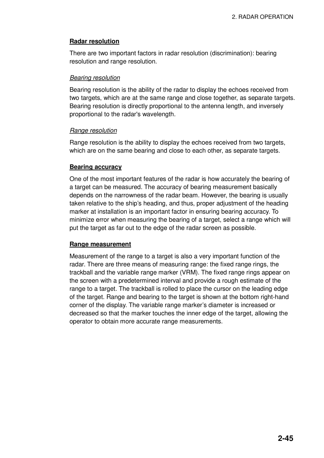 Furuno 1823C manual Radar resolution, Bearing resolution, Range resolution, Bearing accuracy, Range measurement 