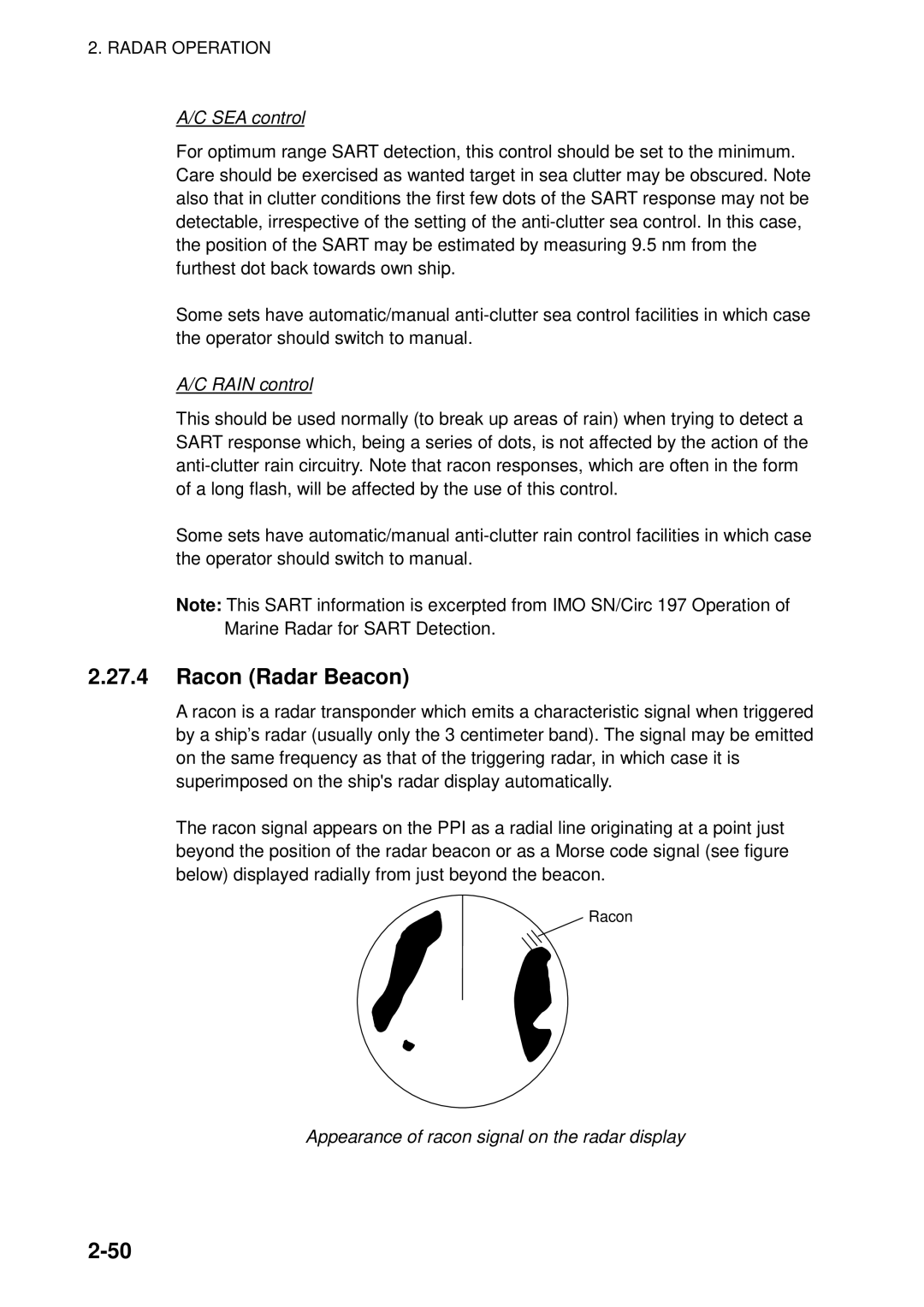 Furuno 1823C manual Racon Radar Beacon, SEA control, Rain control, Appearance of racon signal on the radar display 