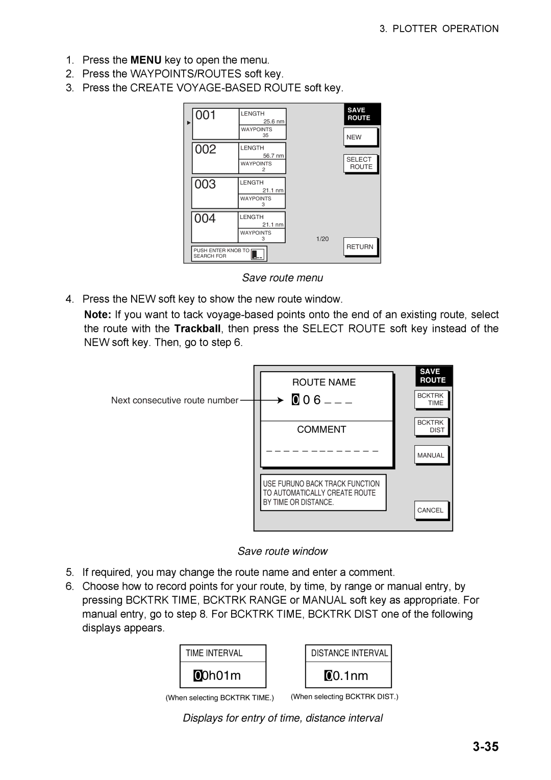 Furuno 1824C manual Save route menu, Save route window, Displays for entry of time, distance interval 