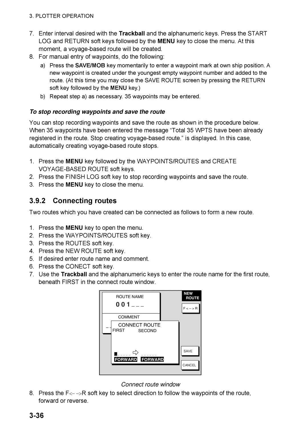 Furuno 1824C manual Connecting routes, Connect route window 