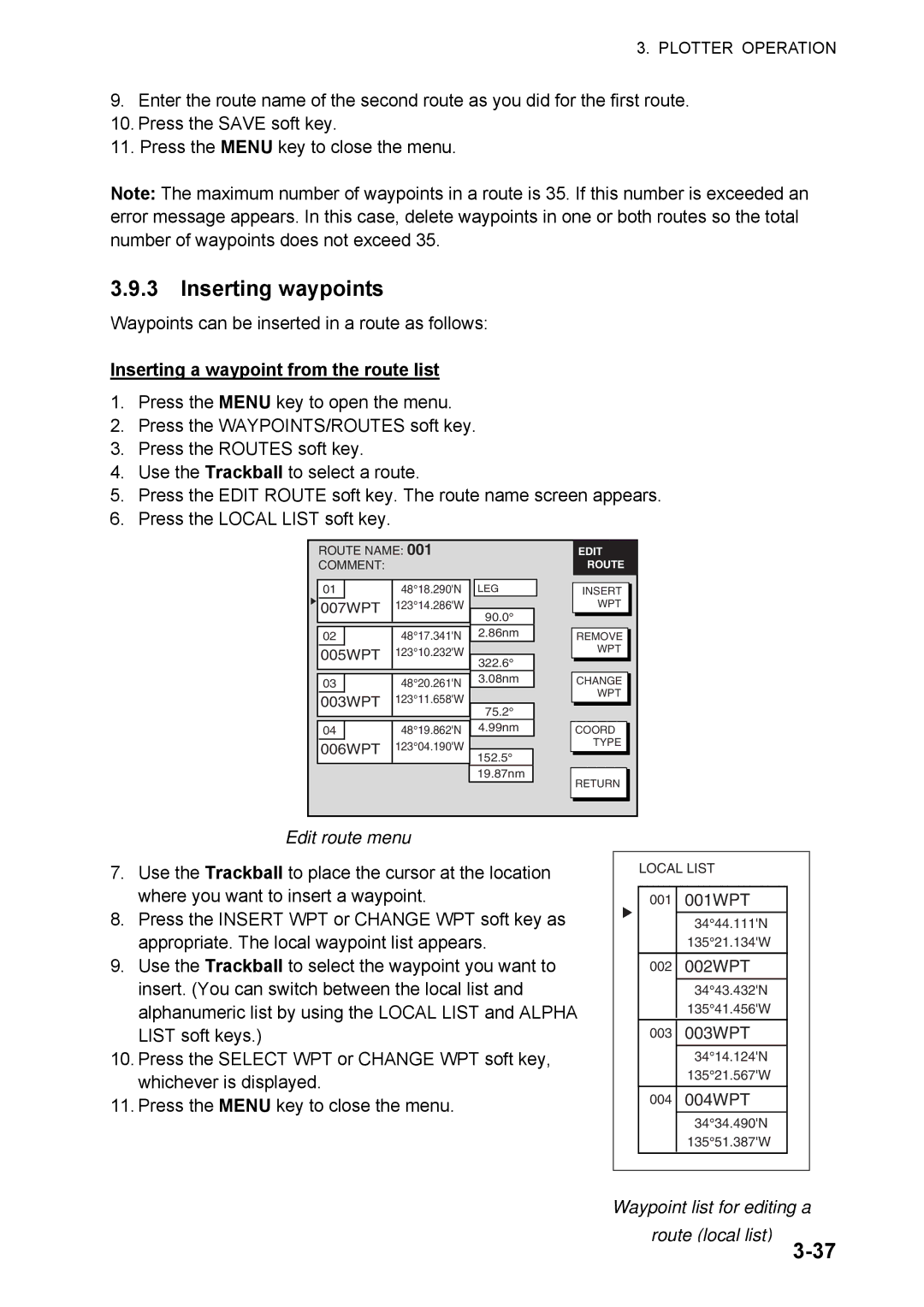 Furuno 1824C manual Inserting waypoints, Inserting a waypoint from the route list, Edit route menu 