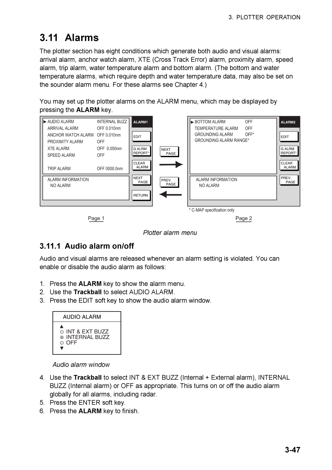 Furuno 1824C manual Alarms, Audio alarm on/off, Plotter alarm menu, Audio alarm window 