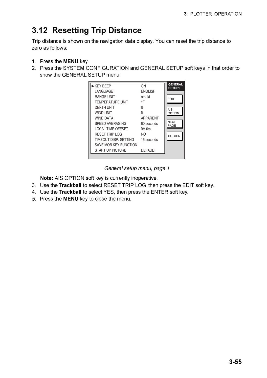 Furuno 1824C manual Resetting Trip Distance, General setup menu 