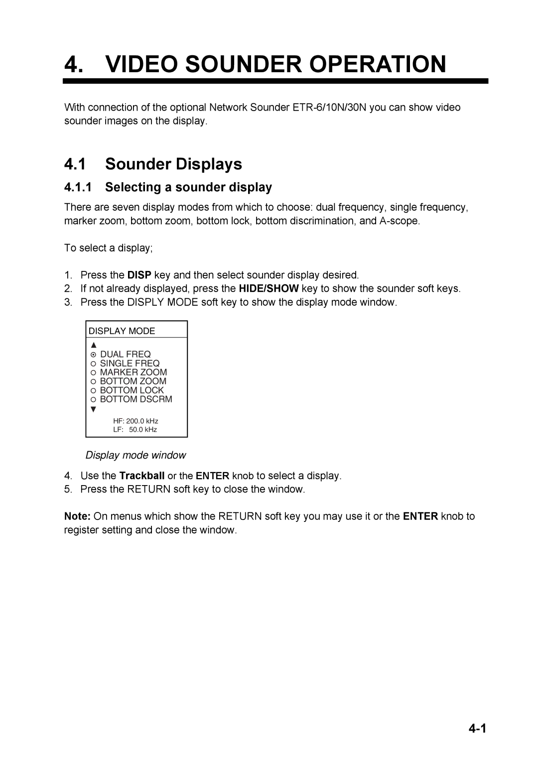 Furuno 1824C manual Sounder Displays, Selecting a sounder display, Display mode window 