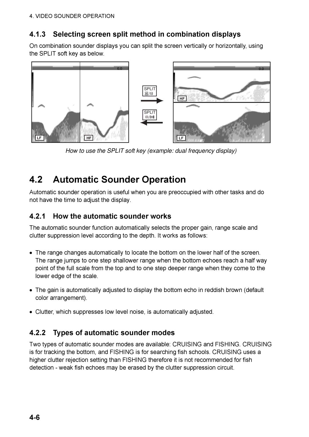 Furuno 1824C manual Automatic Sounder Operation, Selecting screen split method in combination displays 