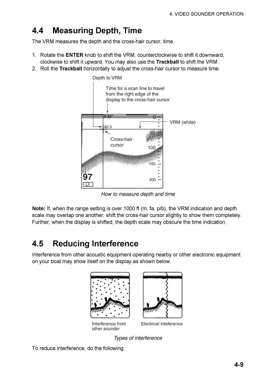 Furuno 1824C manual Measuring Depth, Time, Reducing Interference, How to measure depth and time, Types of interference 