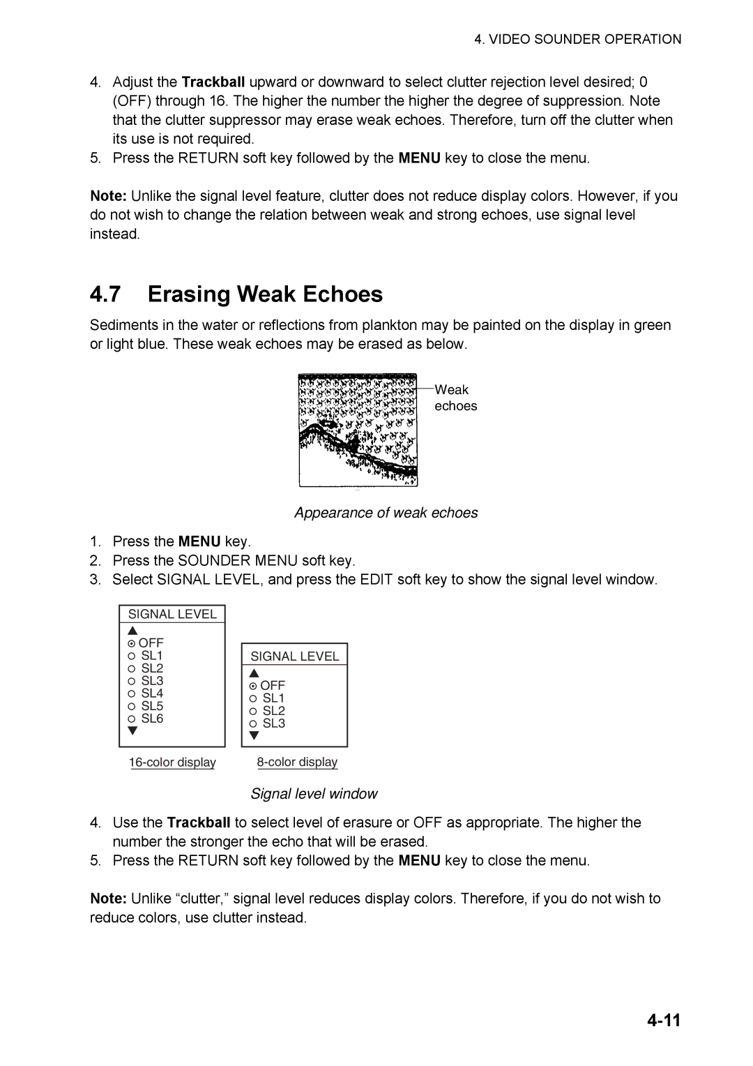 Furuno 1824C manual Erasing Weak Echoes, Appearance of weak echoes, Signal level window 