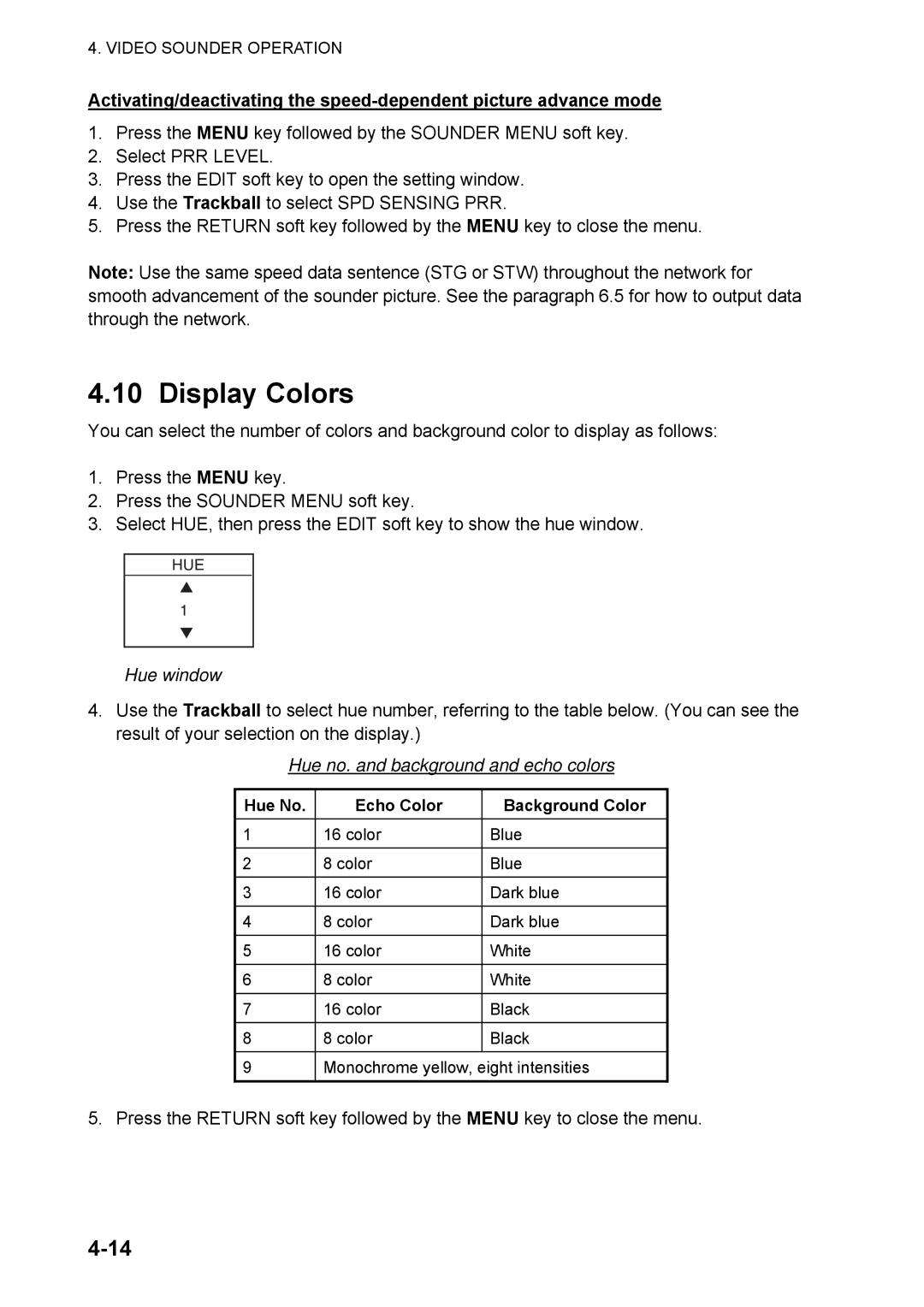 Furuno 1824C manual Display Colors, Hue no. and background and echo colors, Hue No Echo Color Background Color 