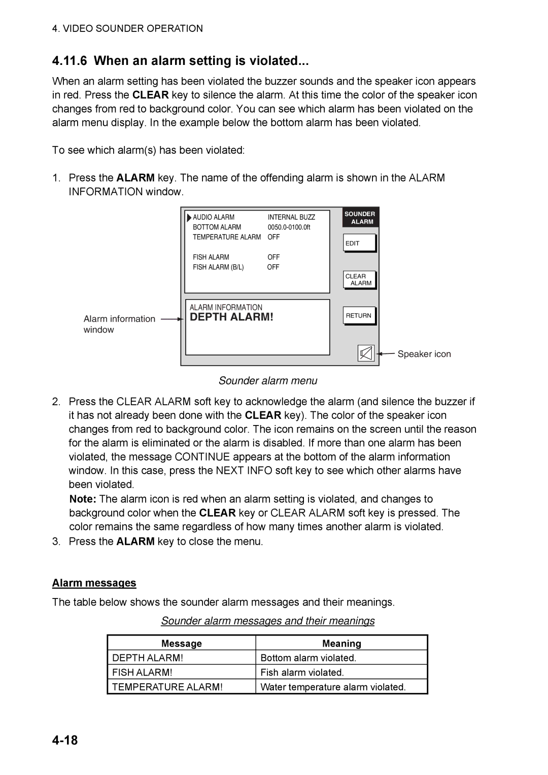 Furuno 1824C manual When an alarm setting is violated, Sounder alarm messages and their meanings, Depth Alarm, Fish Alarm 