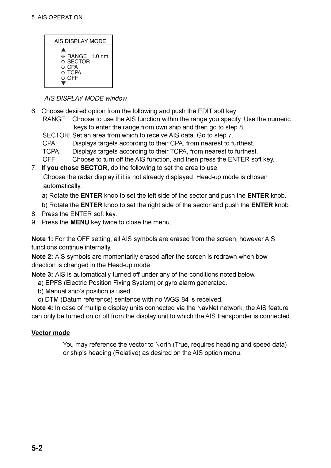 Furuno 1824C manual AIS Display Mode window, Vector mode, AIS Operation 