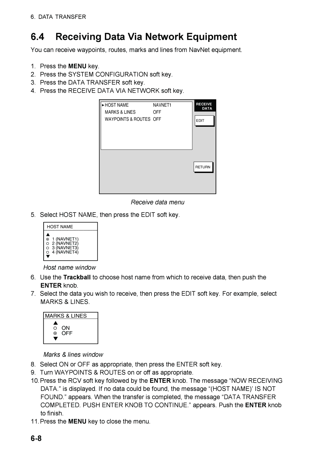 Furuno 1824C manual Receiving Data Via Network Equipment, Receive data menu, Host name window, Marks & lines window 