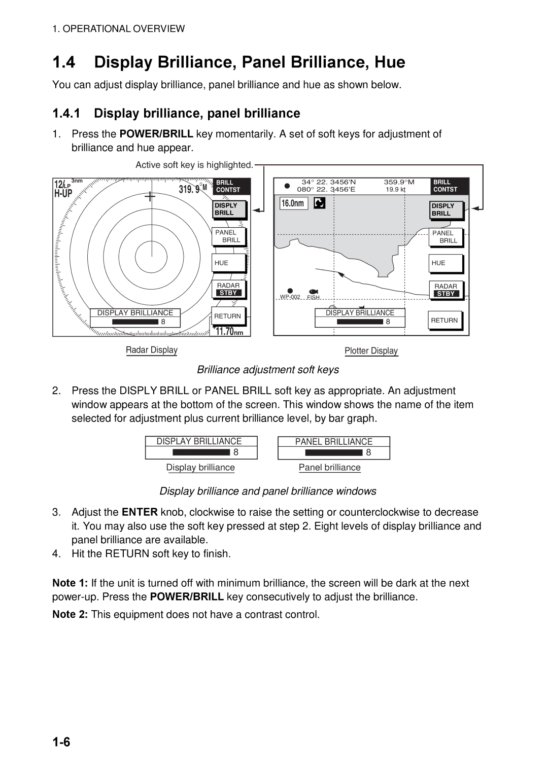 Furuno 1824C manual Display Brilliance, Panel Brilliance, Hue, Display brilliance, panel brilliance 