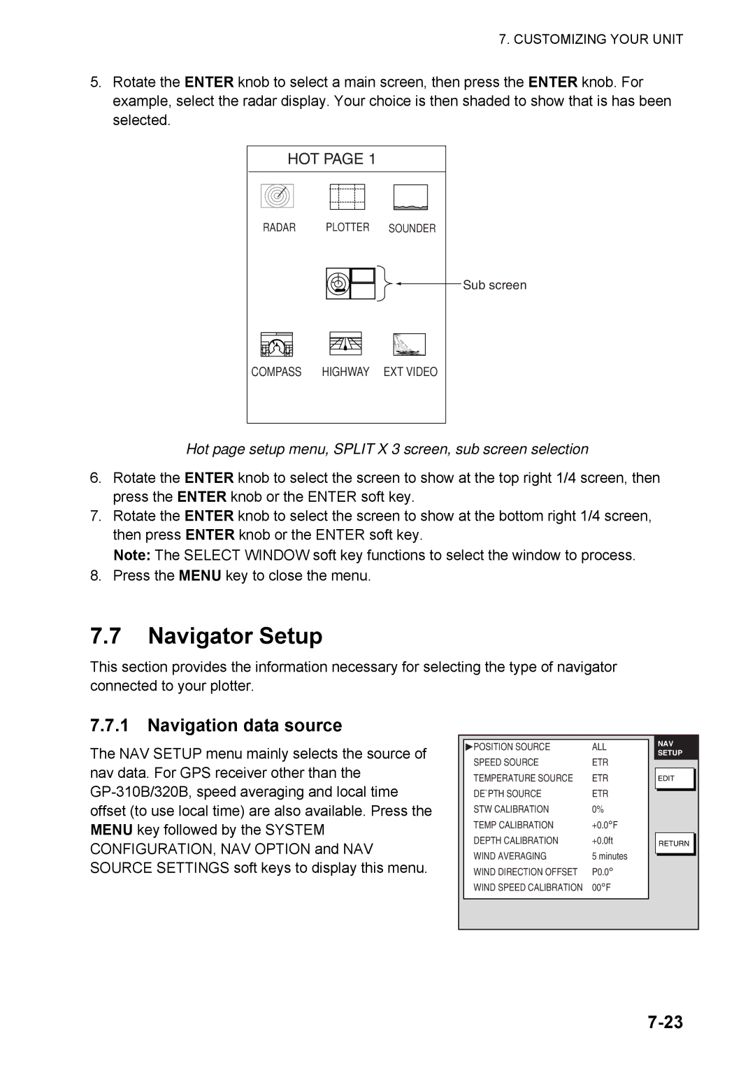 Furuno 1824C manual Navigator Setup, Navigation data source, Hot page setup menu, Split X 3 screen, sub screen selection 