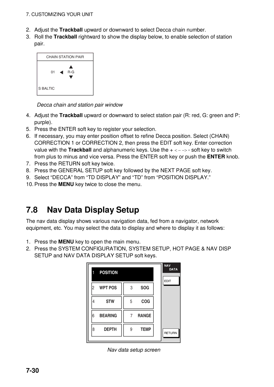 Furuno 1824C manual Nav Data Display Setup, Nav data setup screen 