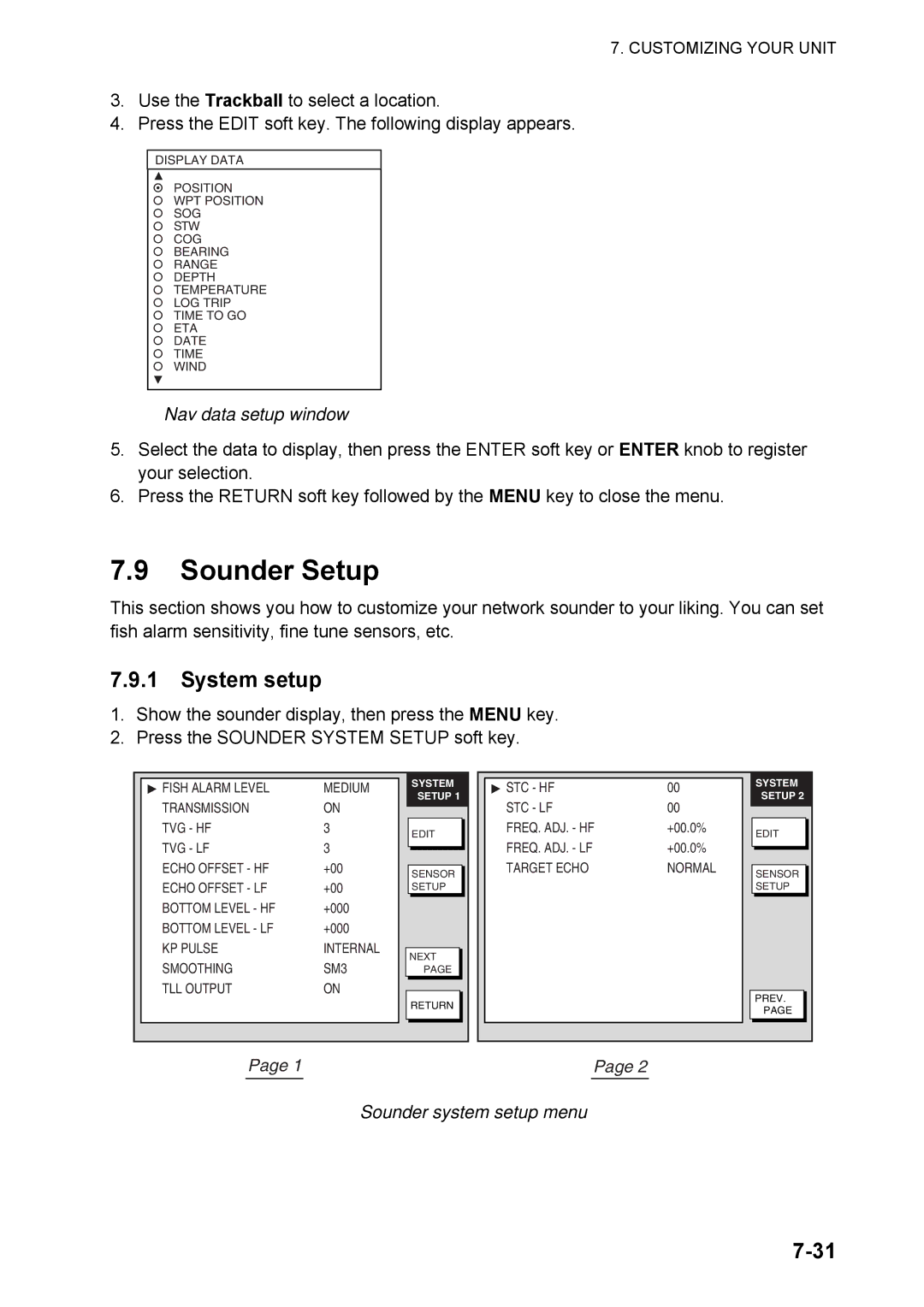 Furuno 1824C manual Sounder Setup, System setup, Nav data setup window, Sounder system setup menu 