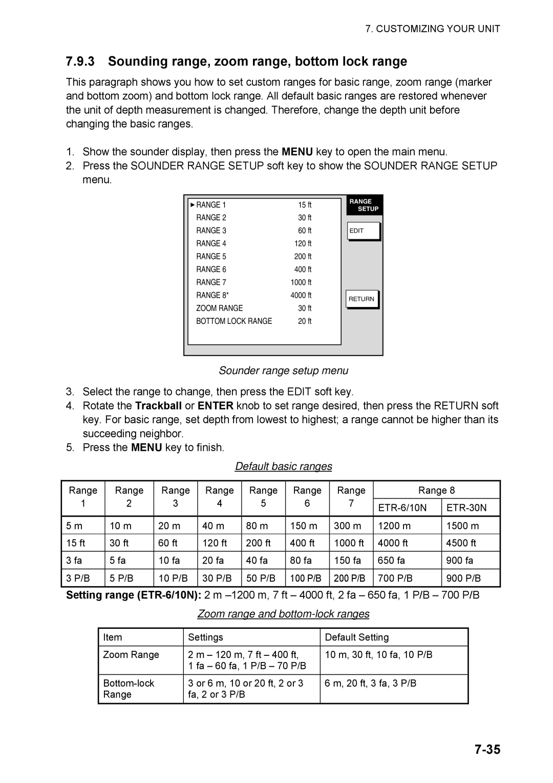 Furuno 1824C manual Sounding range, zoom range, bottom lock range, Sounder range setup menu, Default basic ranges, ETR-30N 