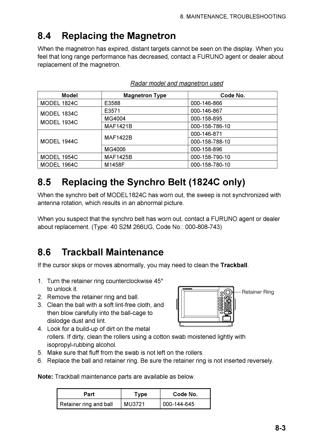 Furuno manual Replacing the Magnetron, Replacing the Synchro Belt 1824C only, Trackball Maintenance 