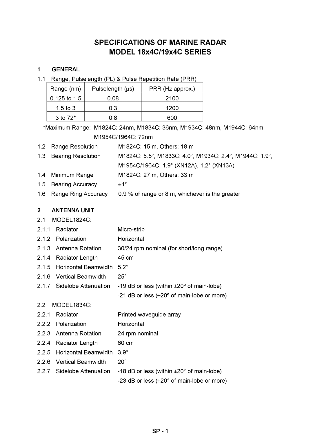 Furuno 1824C manual Specifications of Marine Radar, Model 18x4C/19x4C Series 