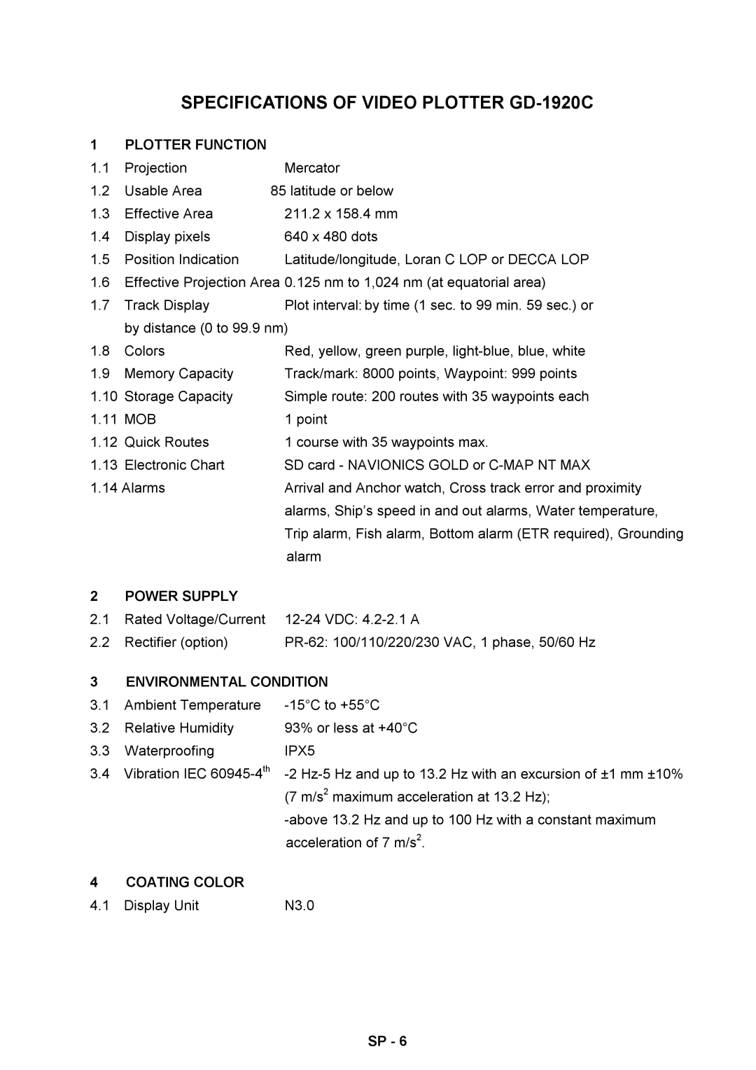 Furuno 1824C manual Specifications of Video Plotter GD-1920C 