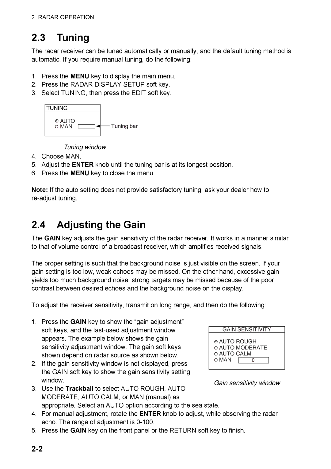 Furuno 1824C manual Adjusting the Gain, Tuning window, Gain sensitivity window, Radar Operation 