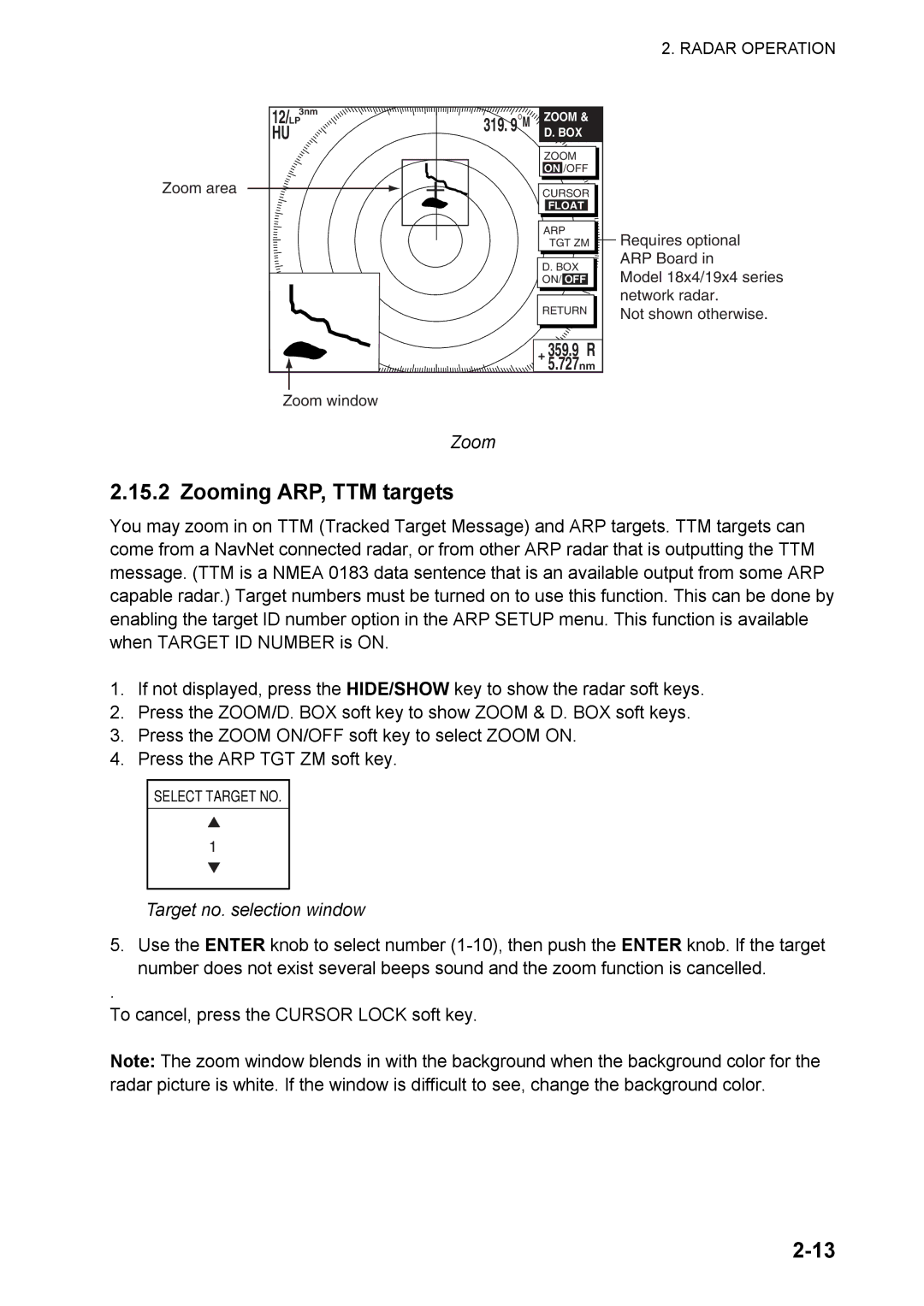 Furuno 1824C manual Zooming ARP, TTM targets, Target no. selection window 