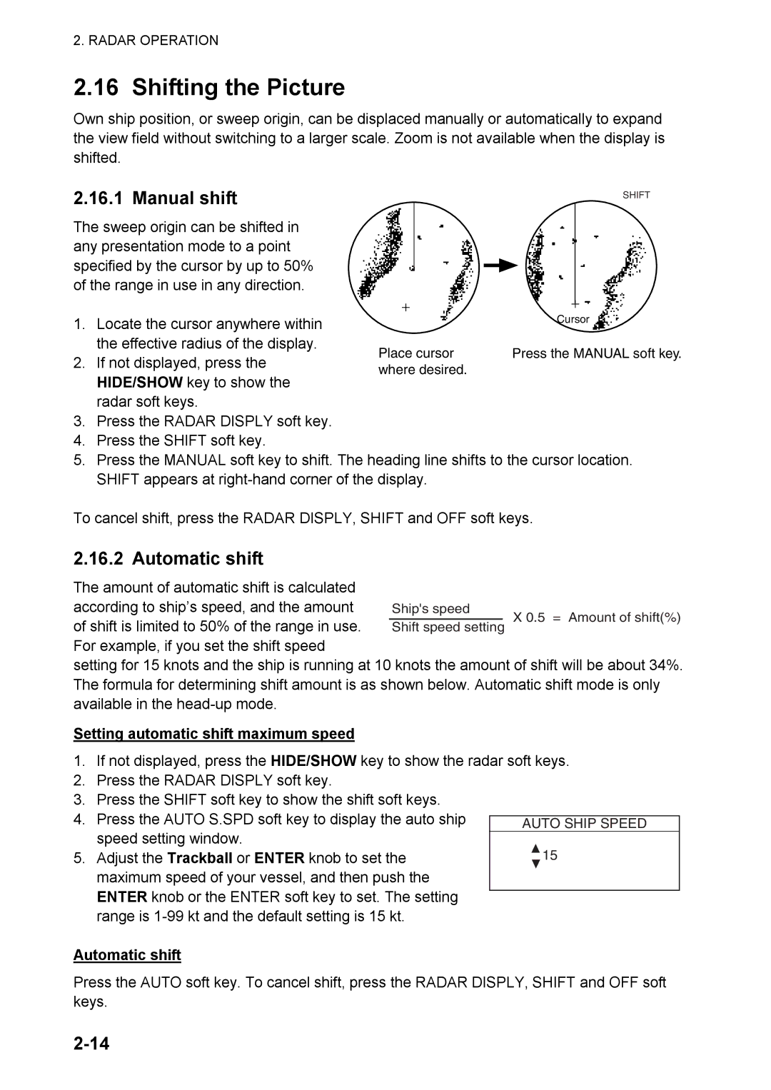 Furuno 1824C manual Shifting the Picture, Manual shift, Automatic shift, Setting automatic shift maximum speed 