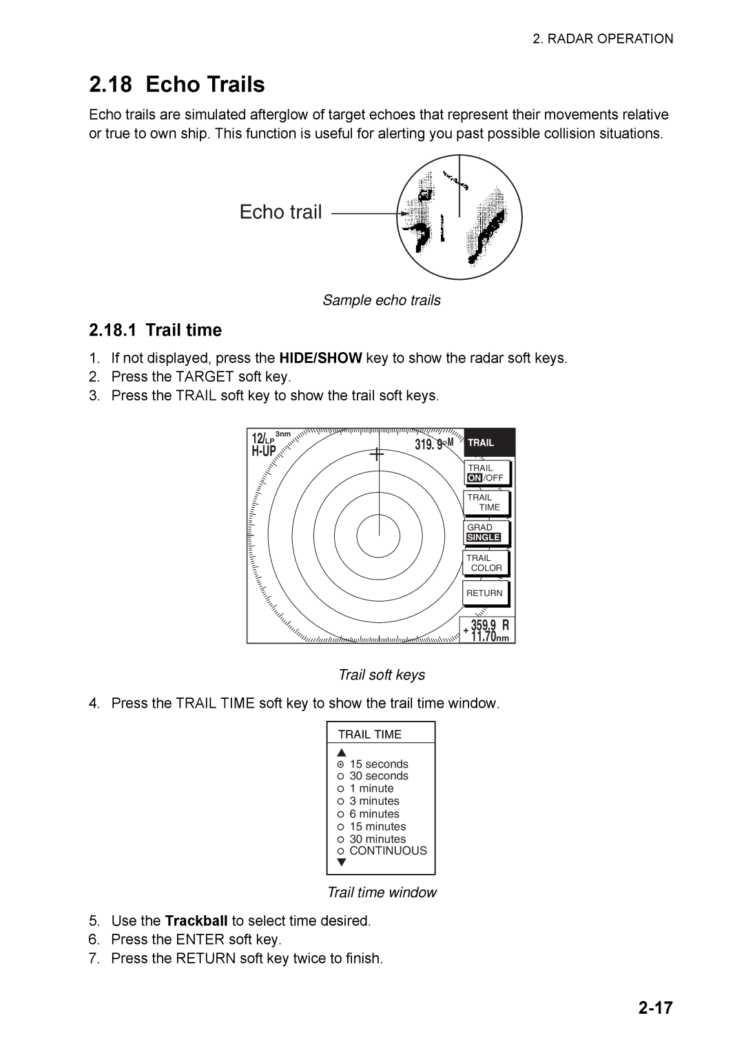 Furuno 1824C manual Echo Trails, Sample echo trails, Trail soft keys, Trail time window 