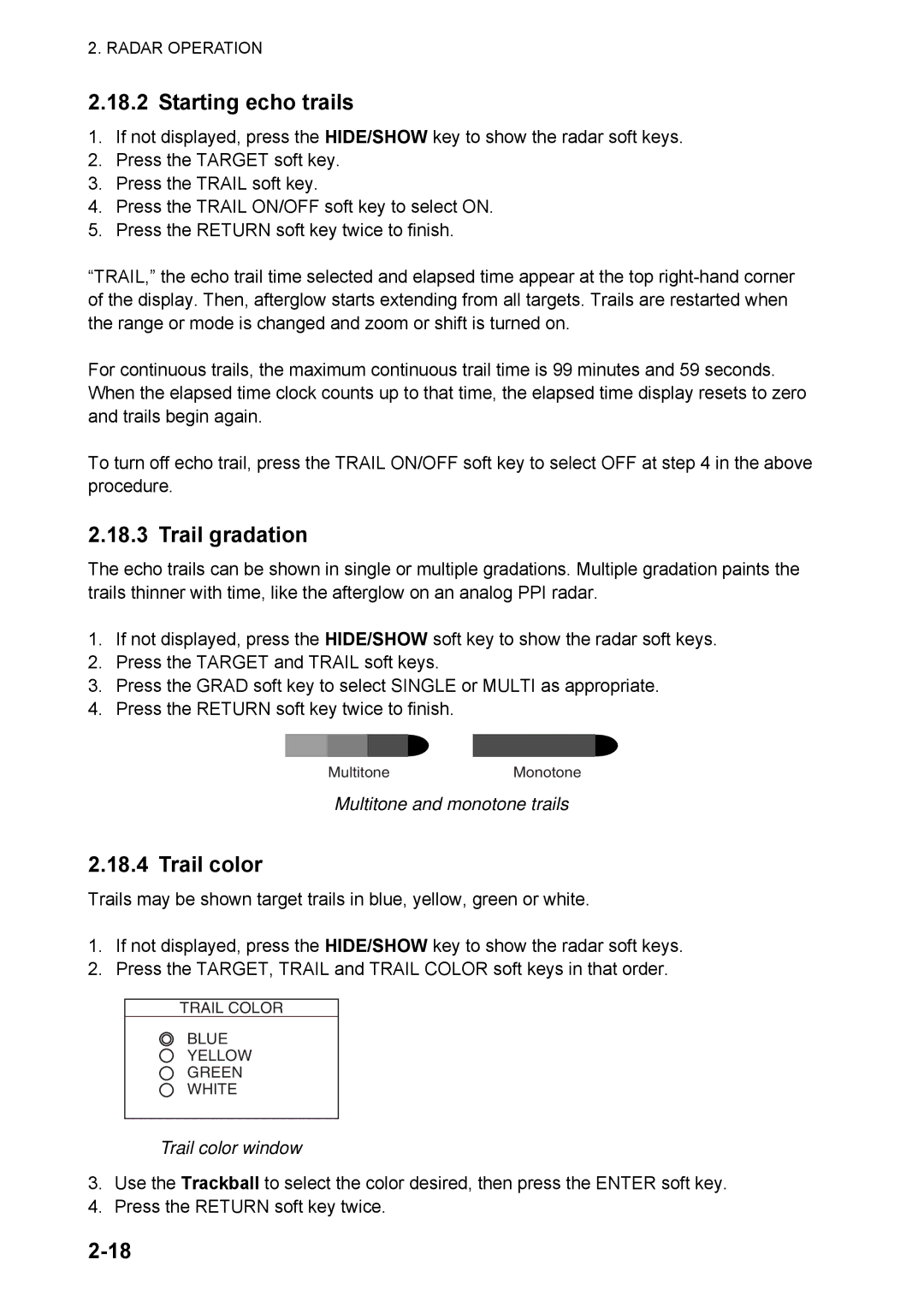Furuno 1824C manual Starting echo trails, Trail gradation, Multitone and monotone trails, Trail color window 