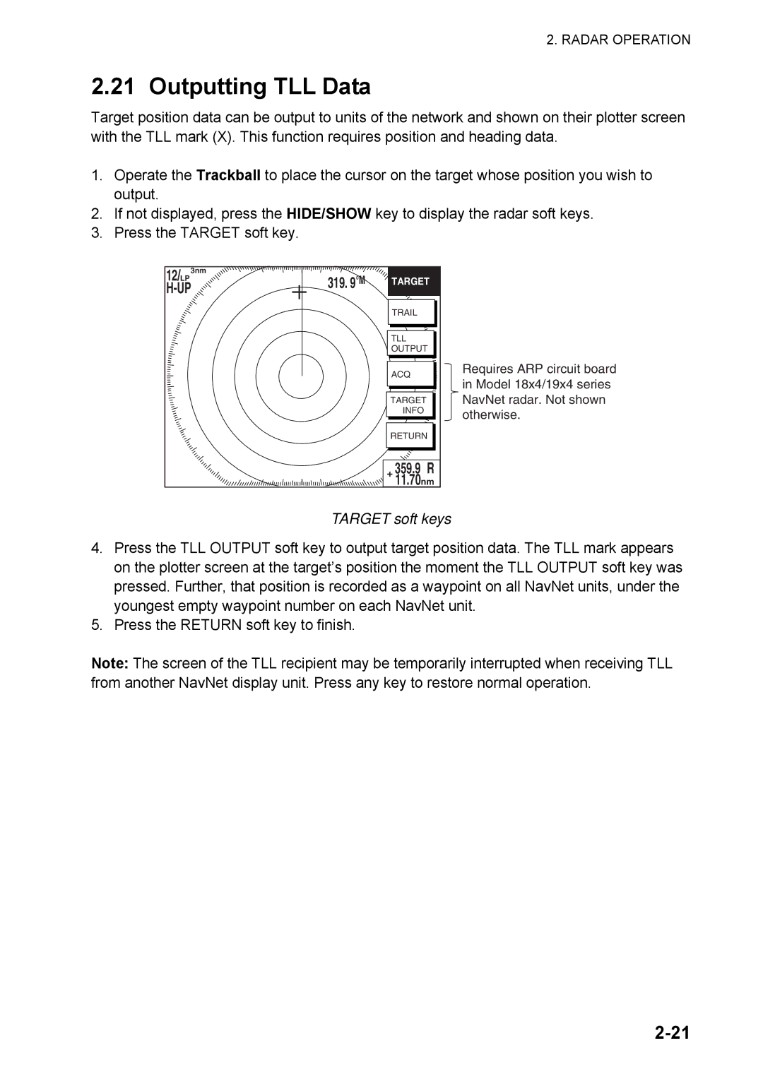 Furuno 1824C manual Outputting TLL Data, Target soft keys 