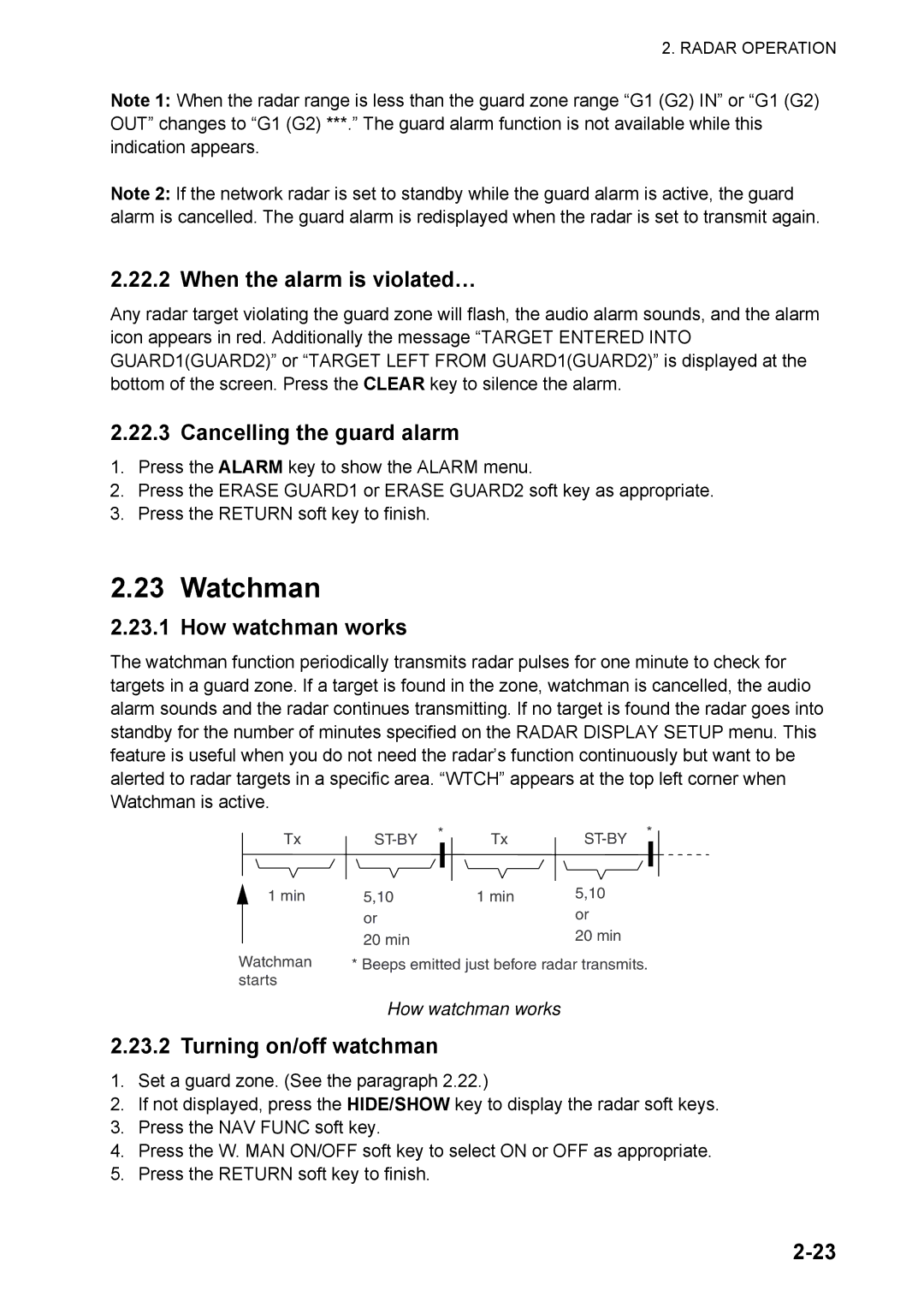 Furuno 1824C manual Watchman, When the alarm is violated…, Cancelling the guard alarm, How watchman works 