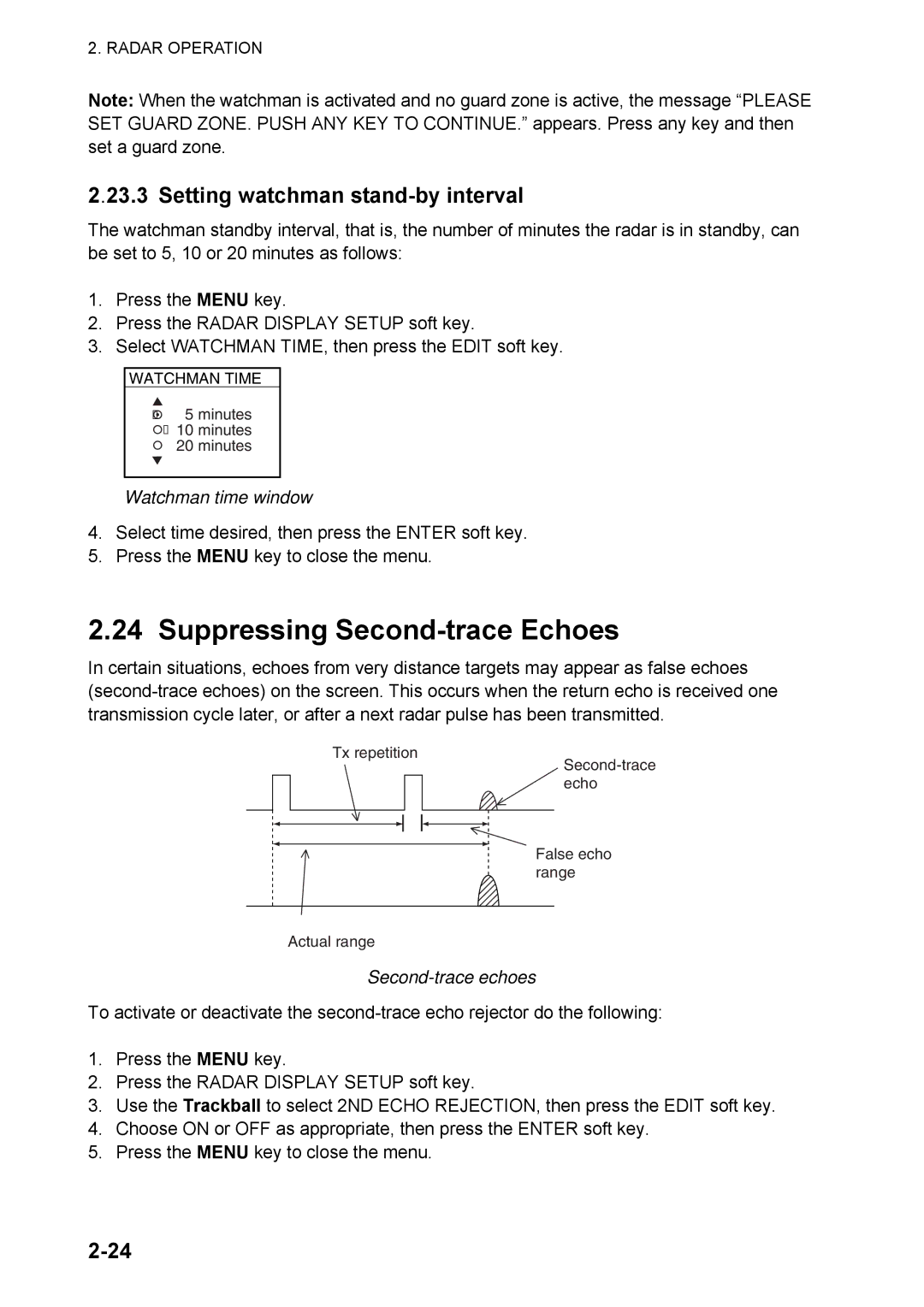 Furuno 1824C manual Suppressing Second-trace Echoes, Setting watchman stand-by interval, Watchman time window 
