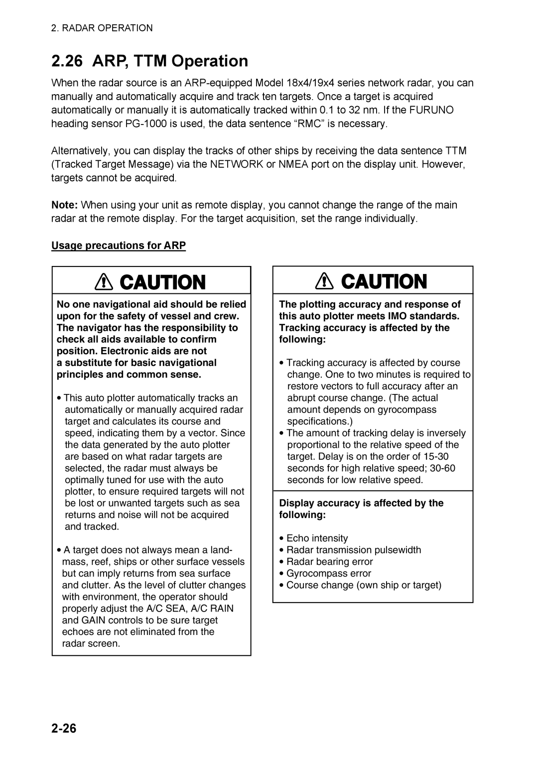 Furuno 1824C manual 26 ARP, TTM Operation, Usage precautions for ARP 