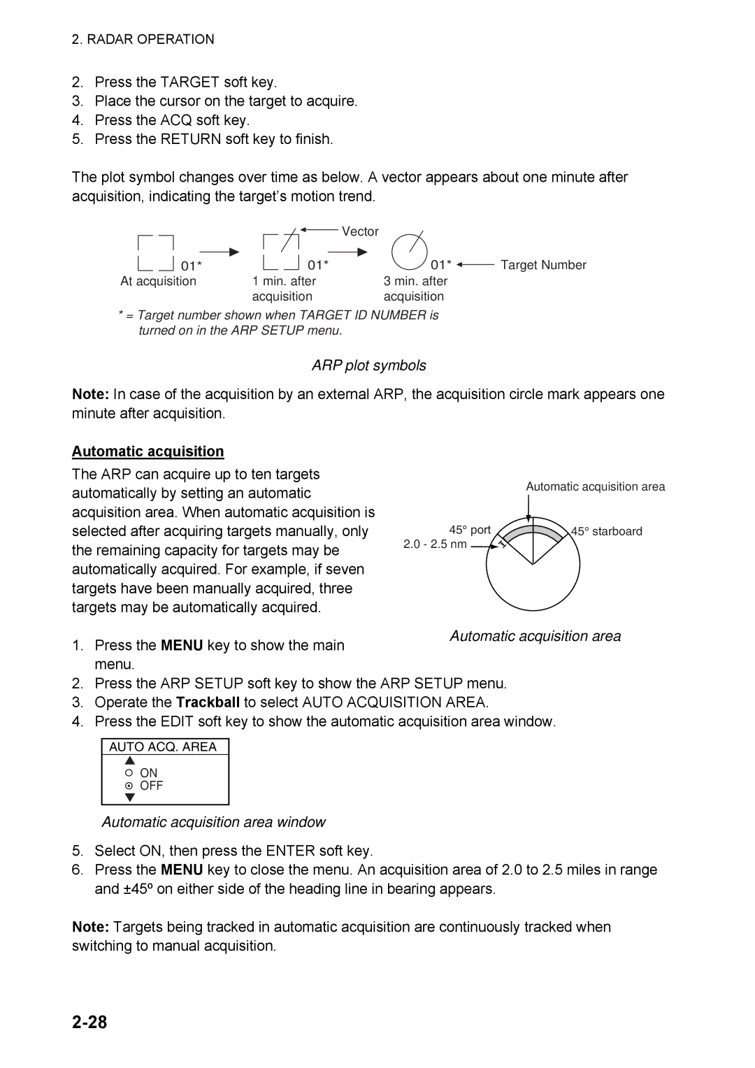 Furuno 1824C manual ARP plot symbols, Automatic acquisition area window 