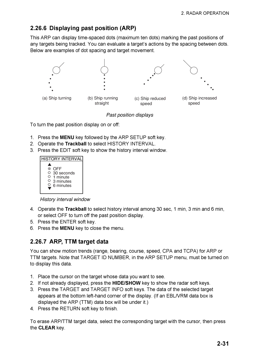 Furuno 1824C Displaying past position ARP, 26.7 ARP, TTM target data, Past position displays, History interval window 